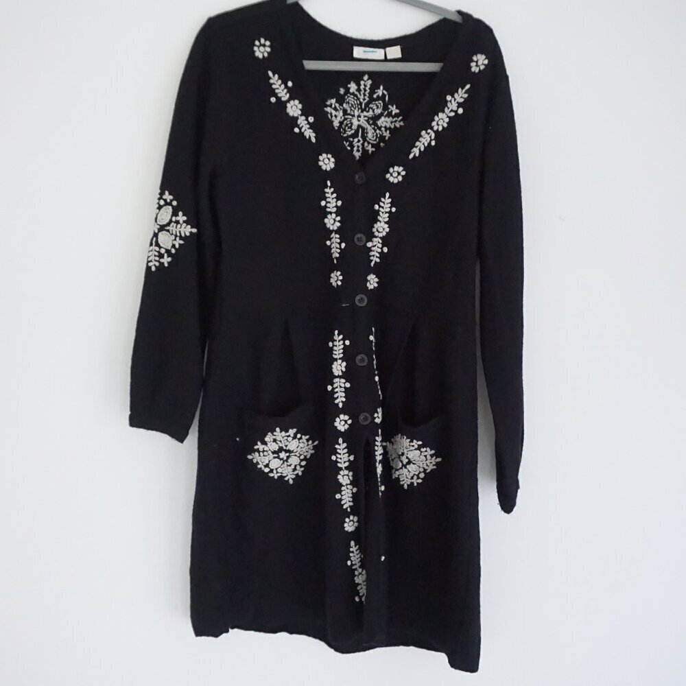 Vintage White Stag Black Floral Embroidered Longline Cardigan Grandmacore M